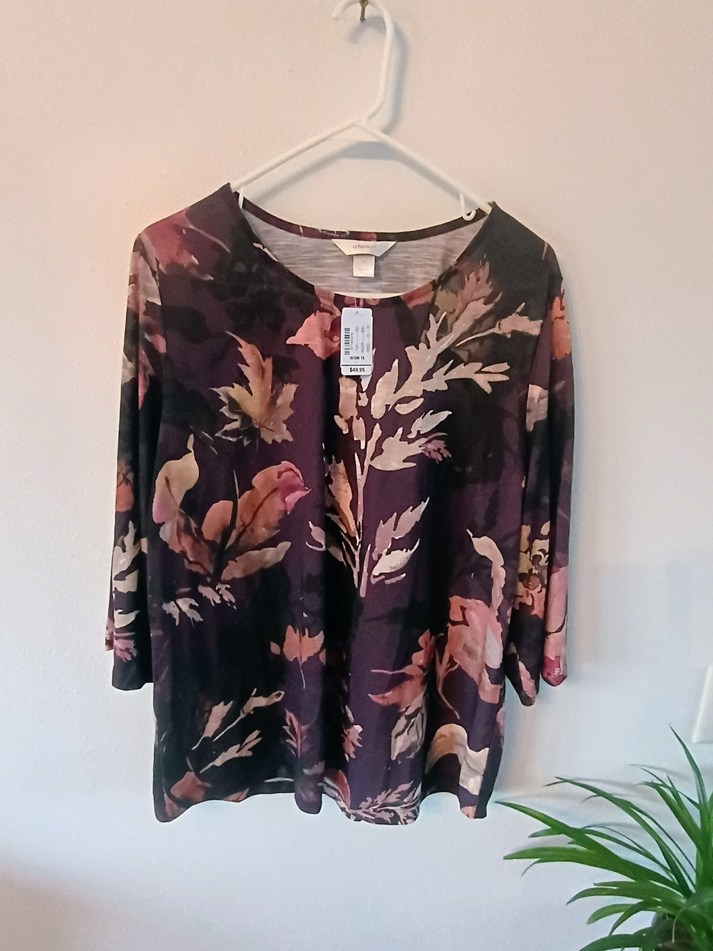 CJ Banks 1X Purple Floral Botanical 3/4 Sleeve Scoop Neck Knit Top NWT
